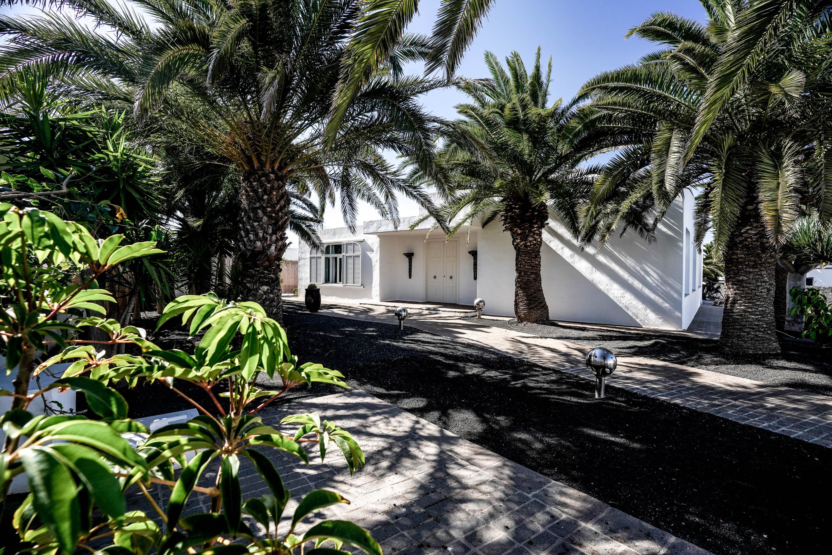 Dokončený exteriér vily na Lanzarote s palmami, černým pikonem, osvětlením a bílou fasádou