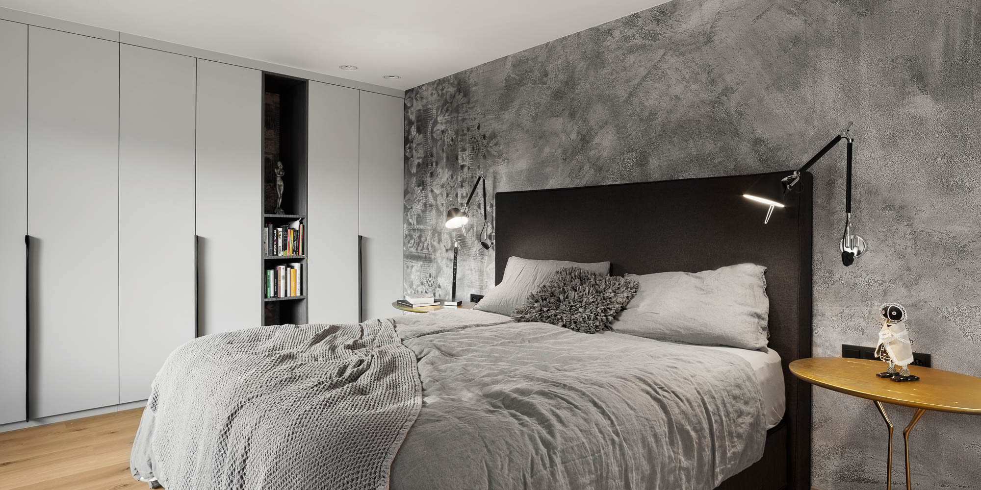 Master bedroom from wardrobe side anthracite bed Wall and Deco wallpaper grey built-in wardrobes OOOOX