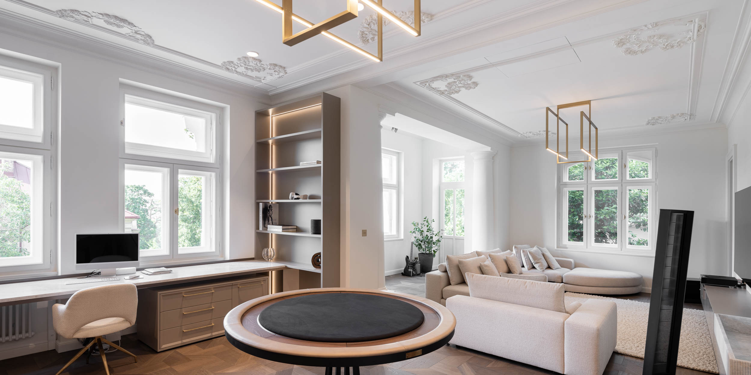 Open study area connected to the living room of Villa Vinohrady, restored stucco ceilings and American walnut parquet flooring | reconstruction and interior design by OOOOX