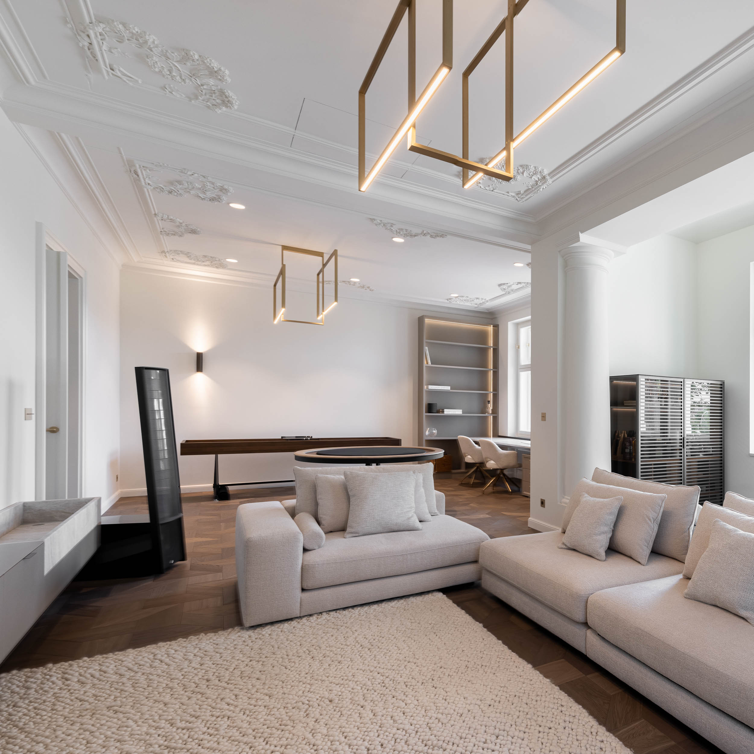 Generous living space of Villa Vinohrady with American walnut flooring and restored stucco ceilings – minimalist reconstruction interior | OOOOX