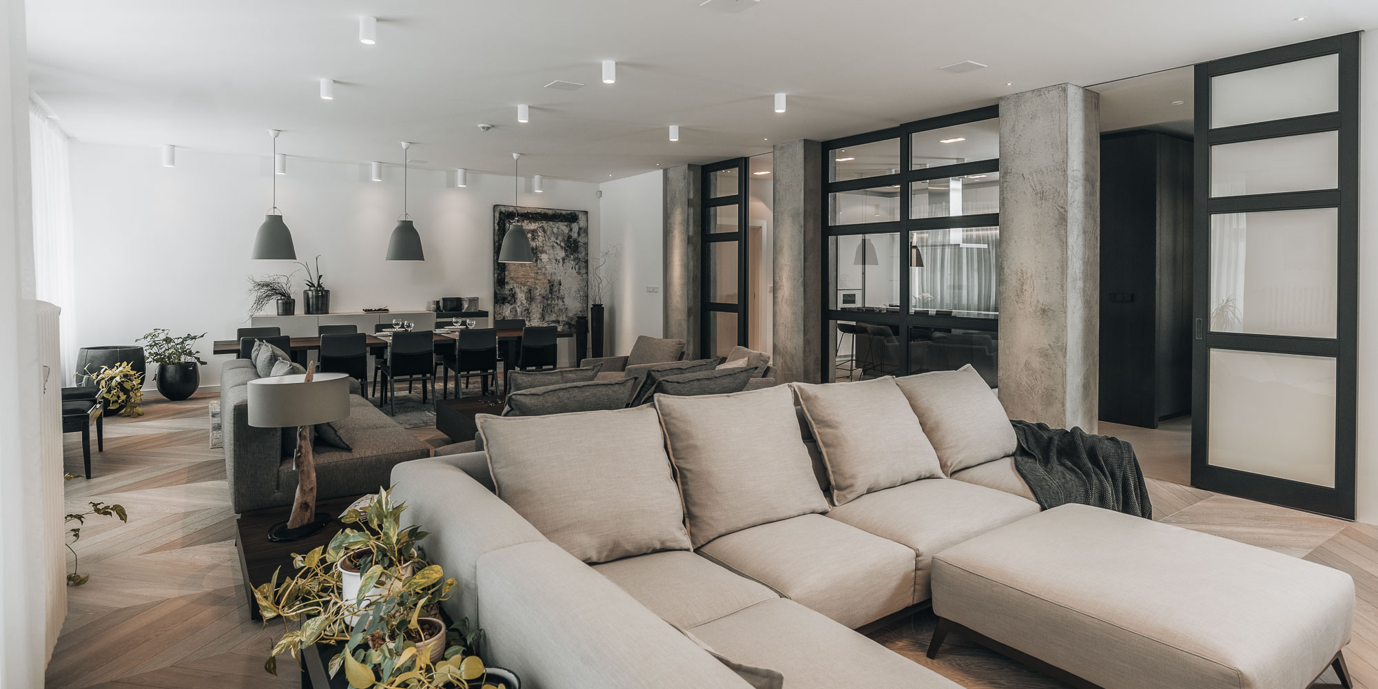 Prague apartment renovation – living area with timber-framed glazed partitions | OOOOX
