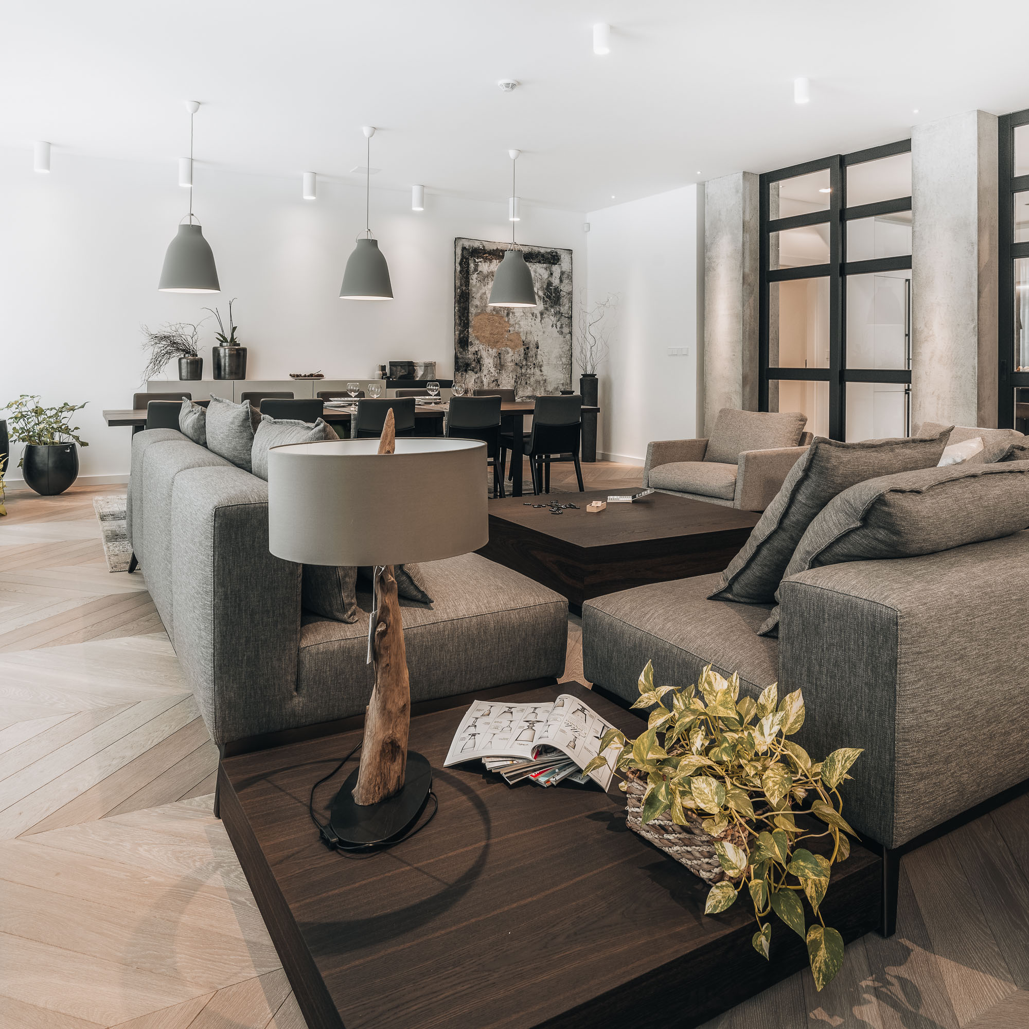 Prague apartment renovation – living area with timber-framed glazed partitions | OOOOX