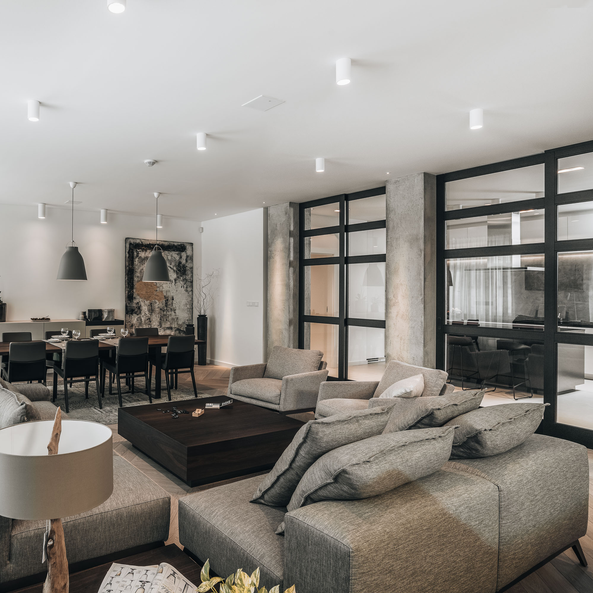 Prague apartment renovation – living area with timber-framed glazed partitions | OOOOX