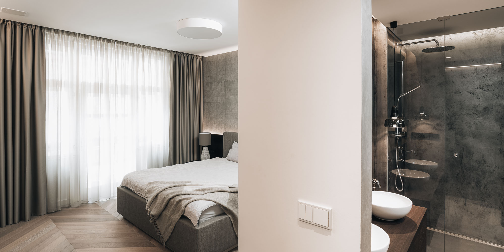 bedroom in renovated Letná apartment with wallpaper and indirect lighting | OOOOX