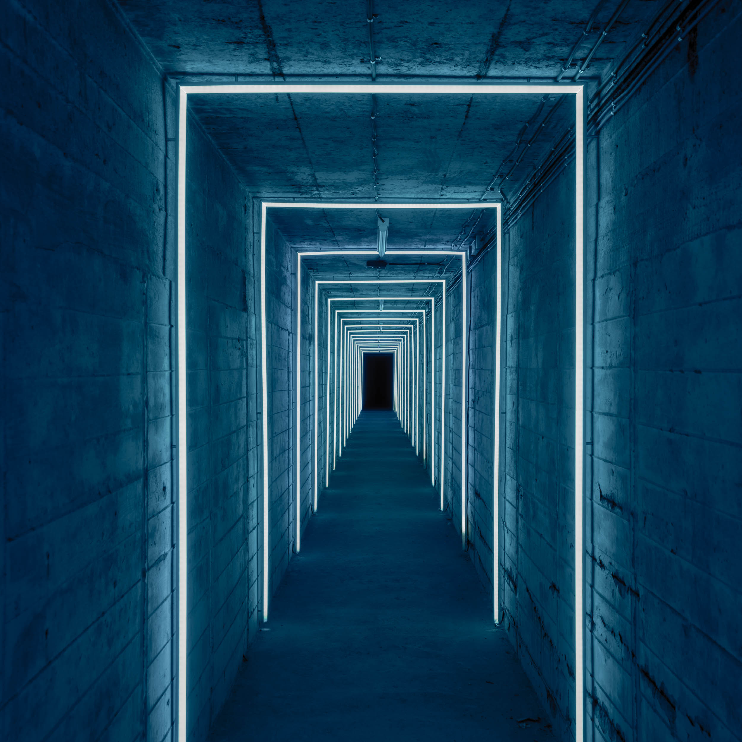 VANGUARD wellness secret escape corridor — original civil-defense shelter emergency exit, dramatic perspective of repeating illuminated frames, concrete walls | OOOOX