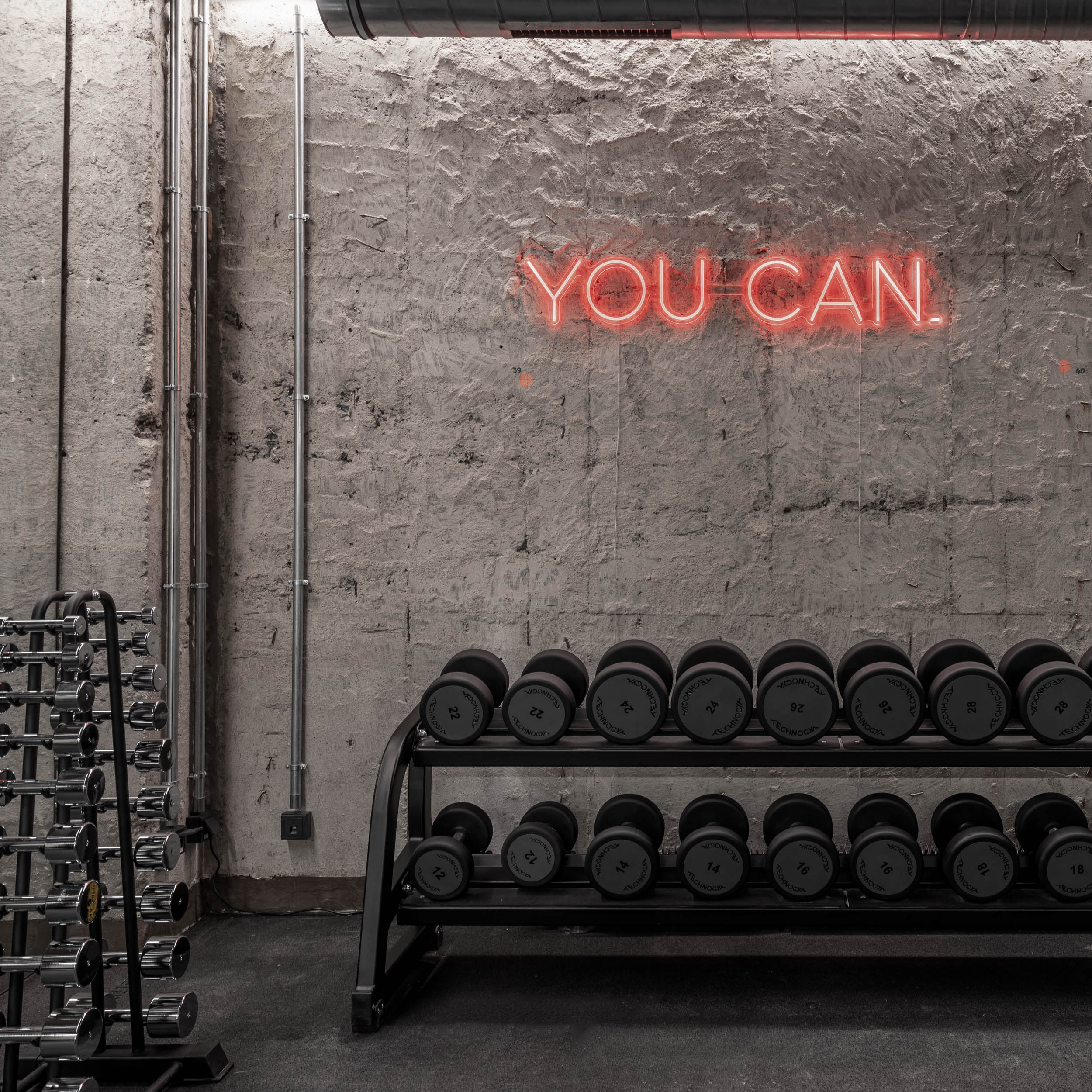 VANGUARD wellness gym — dumbbell rack with full dumbbell set, neon motivational sign YOU CAN on raw concrete bunker wall, industrial atmosphere | OOOOX