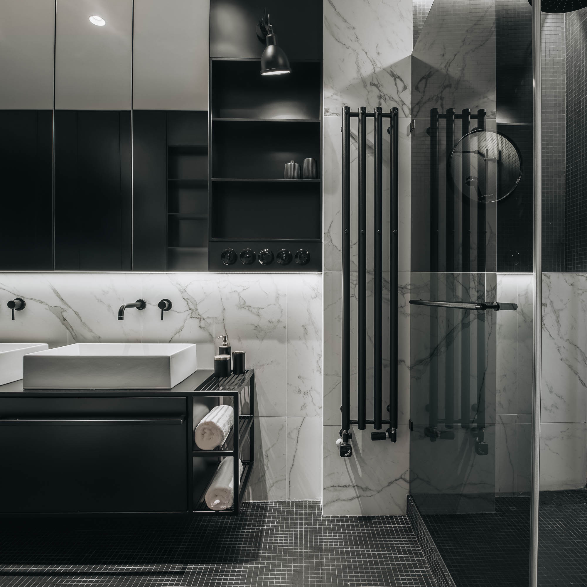 Bathroom white marble tiles black steel open vanity vessel sink vertical tubular radiator black mosaic floor OOOOX